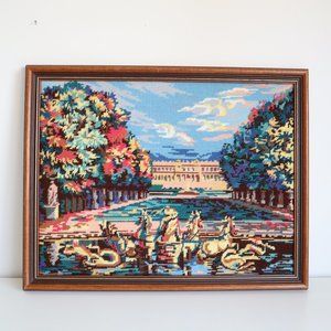 Vintage Needlepoint Artwork in Frame, Versailles Palace Park with Apollo…
